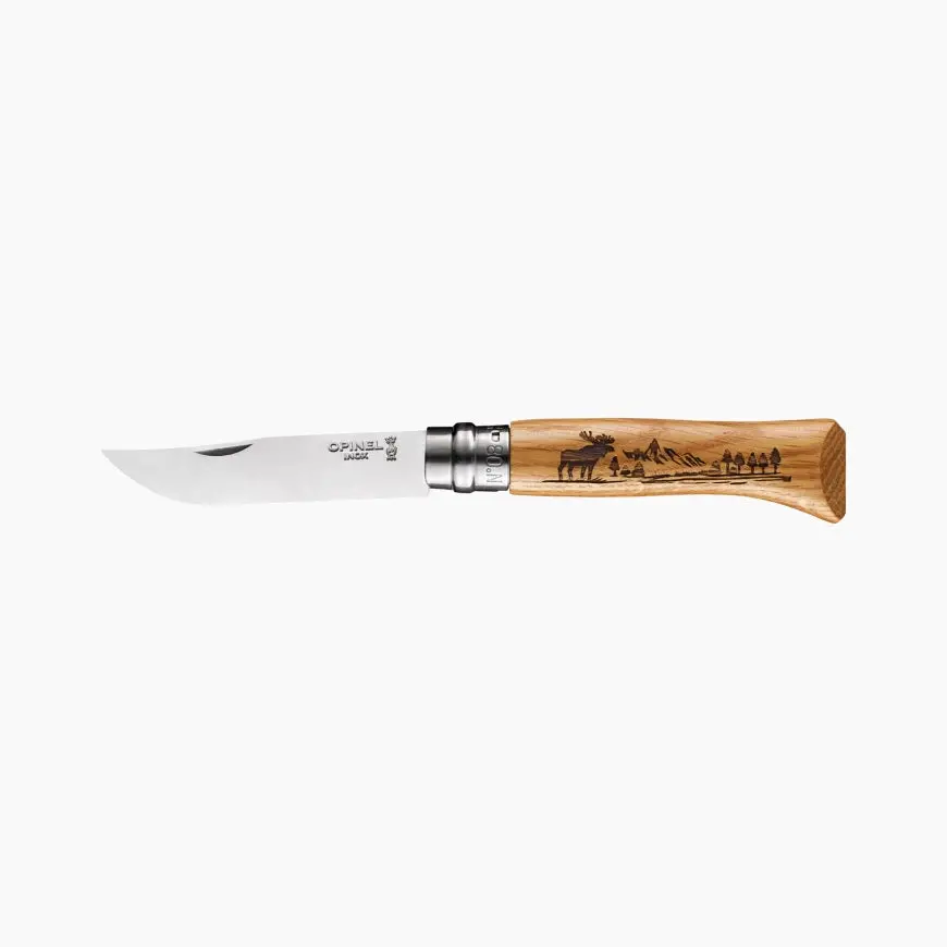 No.08 Oak Engraved Handle Folding Knife - Animalia - Elk 1