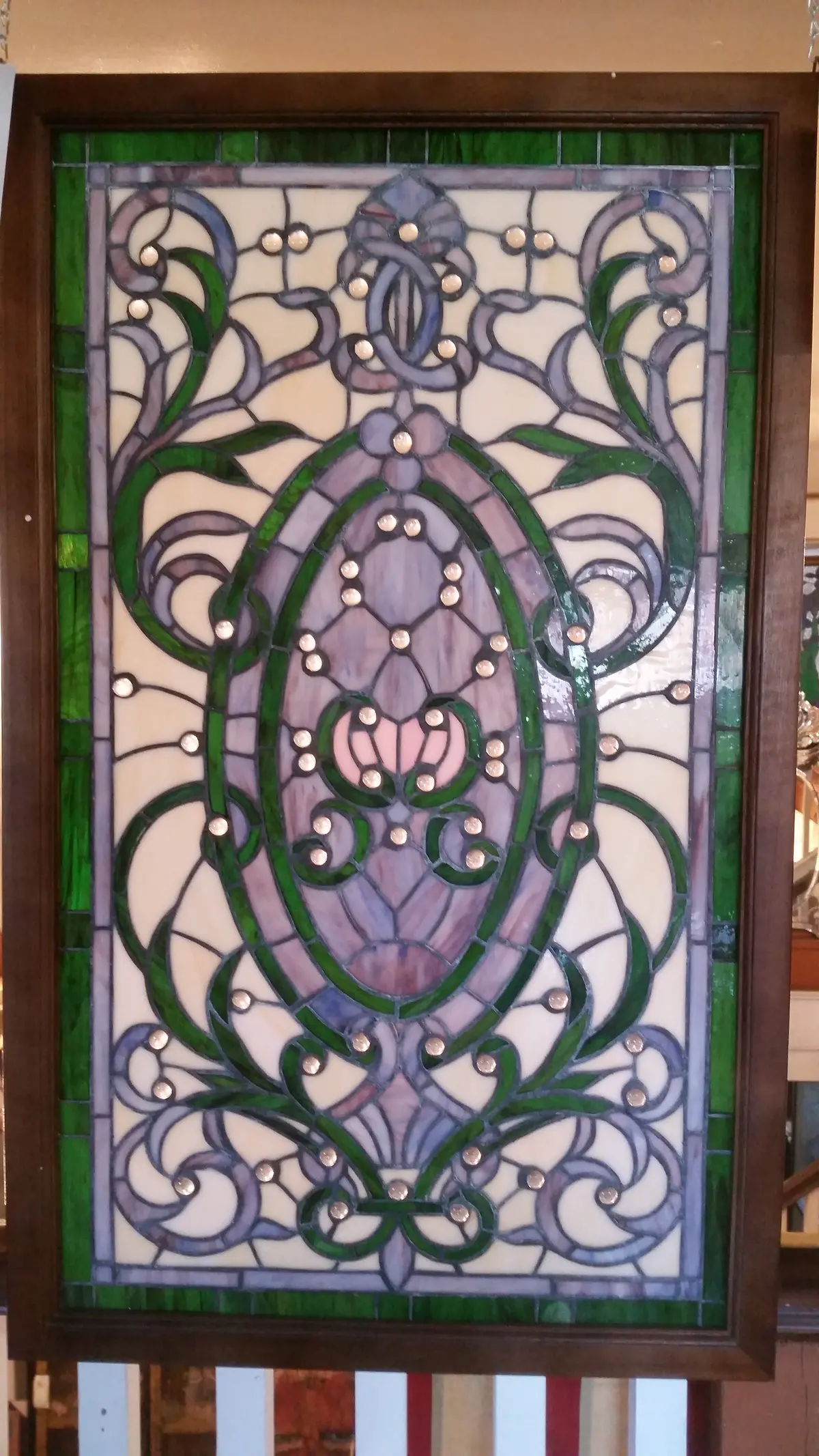 Glass Window - Stained Leaded Wood Frame Victorian W/ Round Jewel And Green Border Design 1