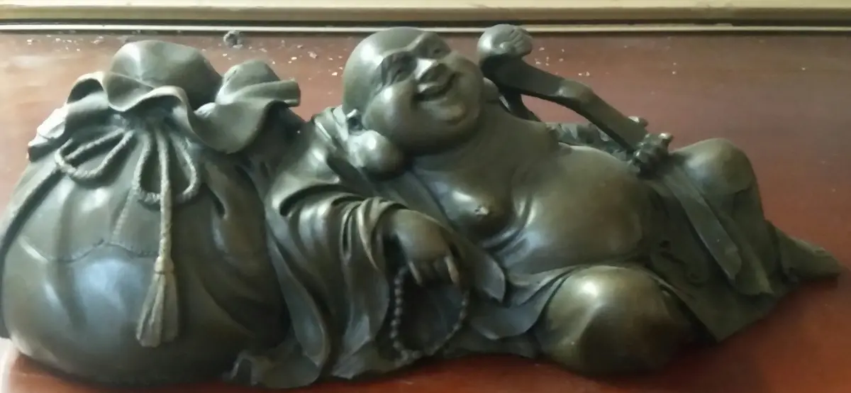 Bronze Figurine - Leaning Hotei God Of Wealth 1