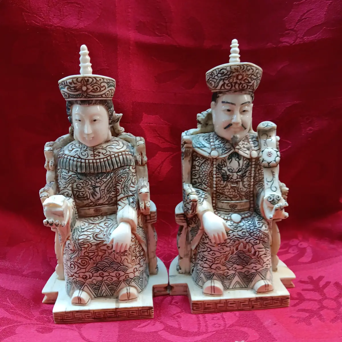 Emperor And Empress Hand Carved Bone Statue Pair 1