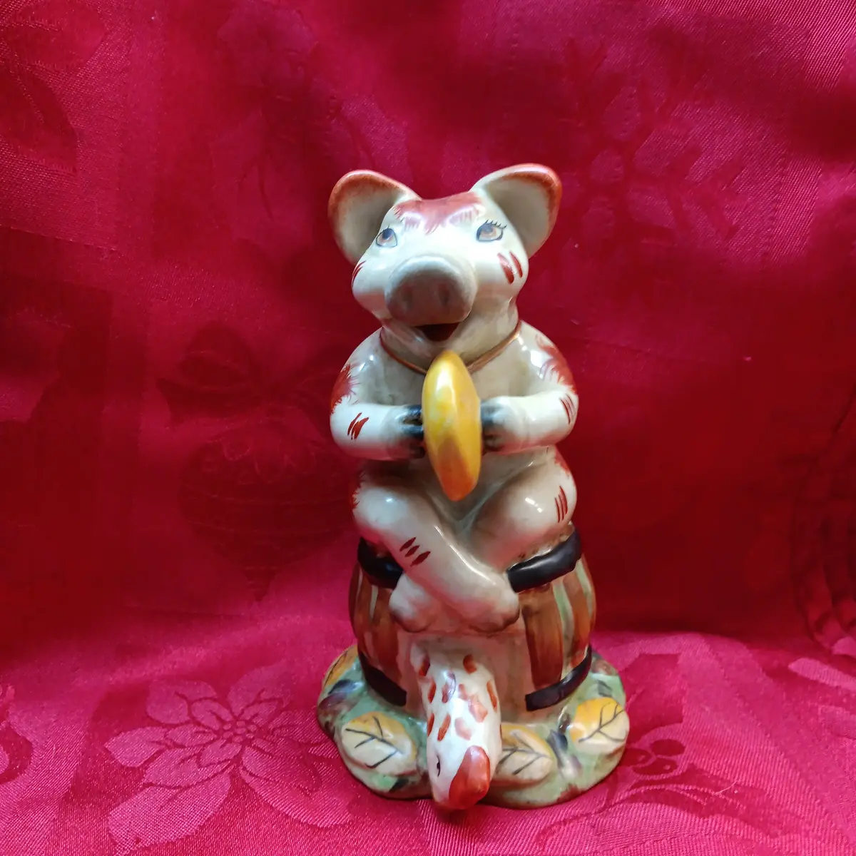 Staffordshire Majolica Musical Pig Playing Cymbals 1