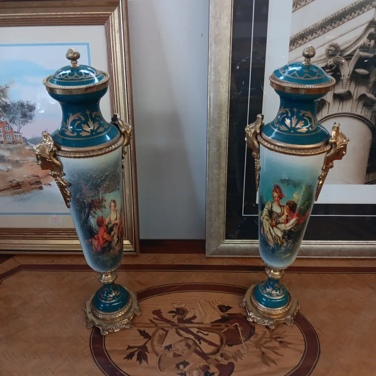 Green French Sevres Porcelain And Bronze Urns 1