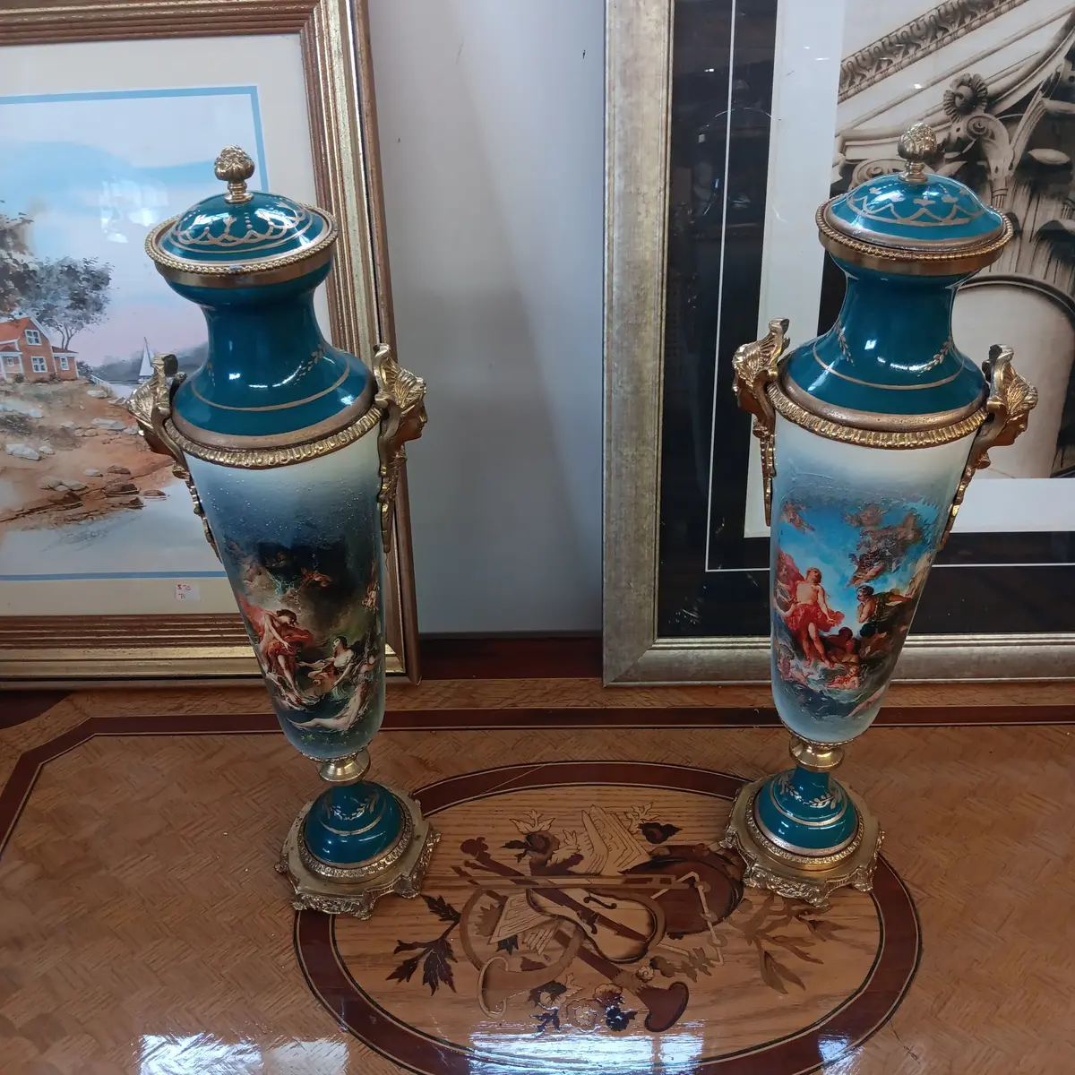 Green French Sevres Porcelain And Bronze Urns 2