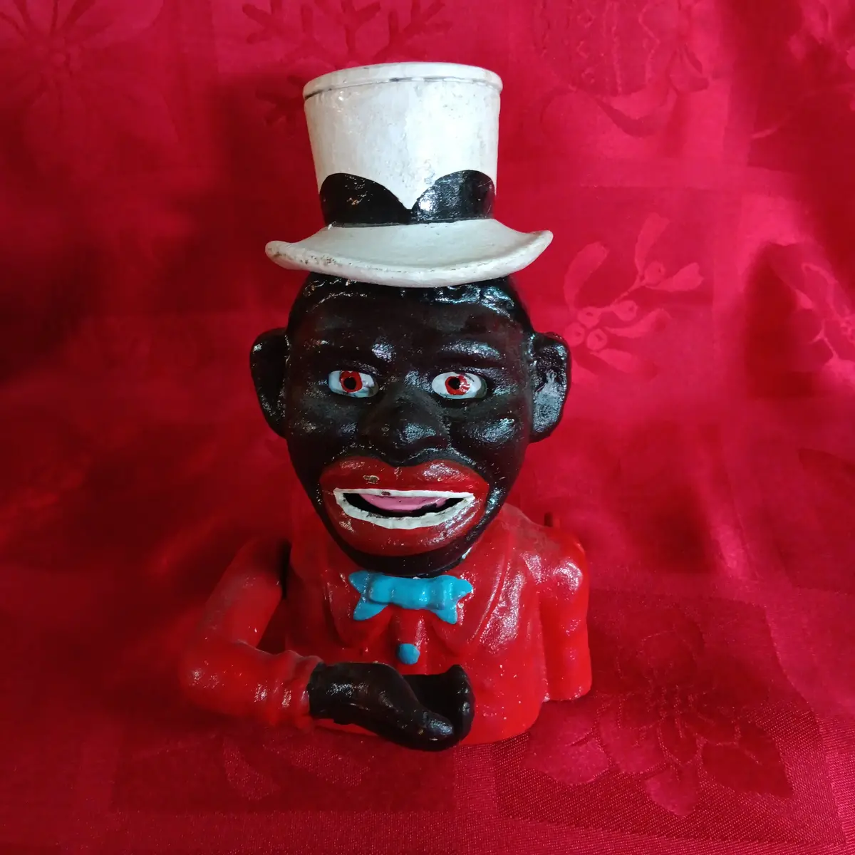 Cast Iron Mechanical Bank - Small Red Jolly Boy W/ Hat 1