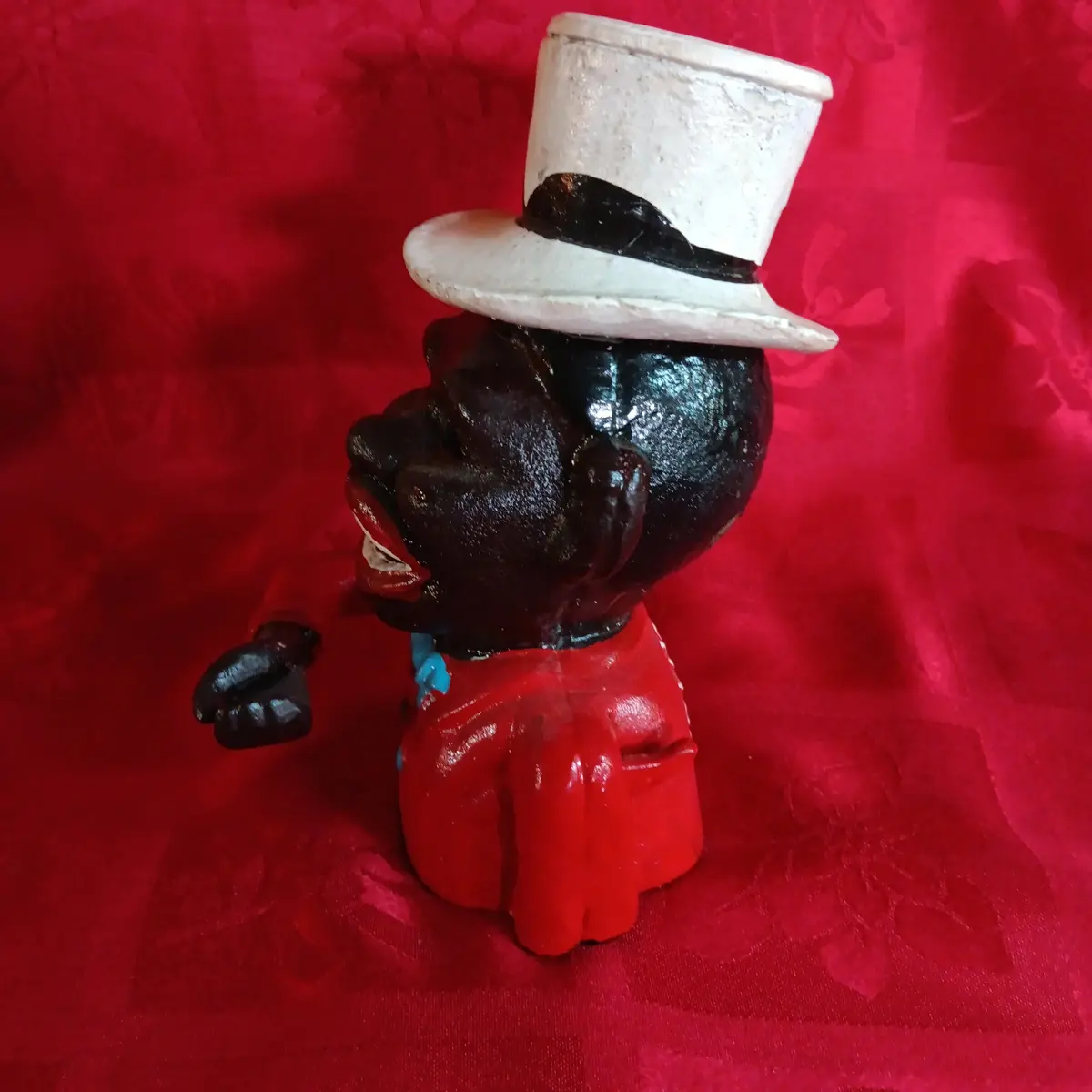 Cast Iron Mechanical Bank - Small Red Jolly Boy W/ Hat 2