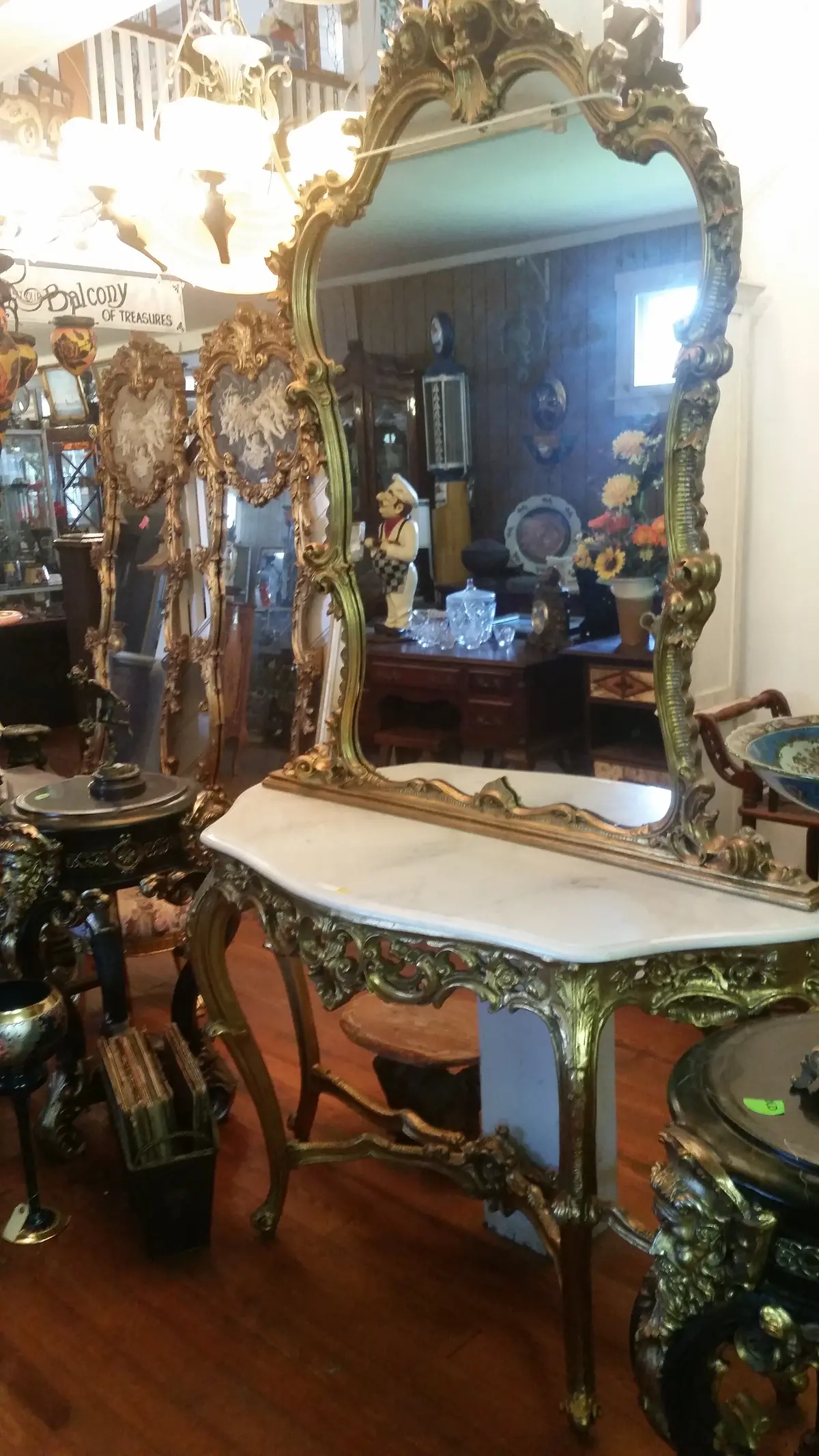 Louis Xv Mirror - Console With White Marble Table Top 1