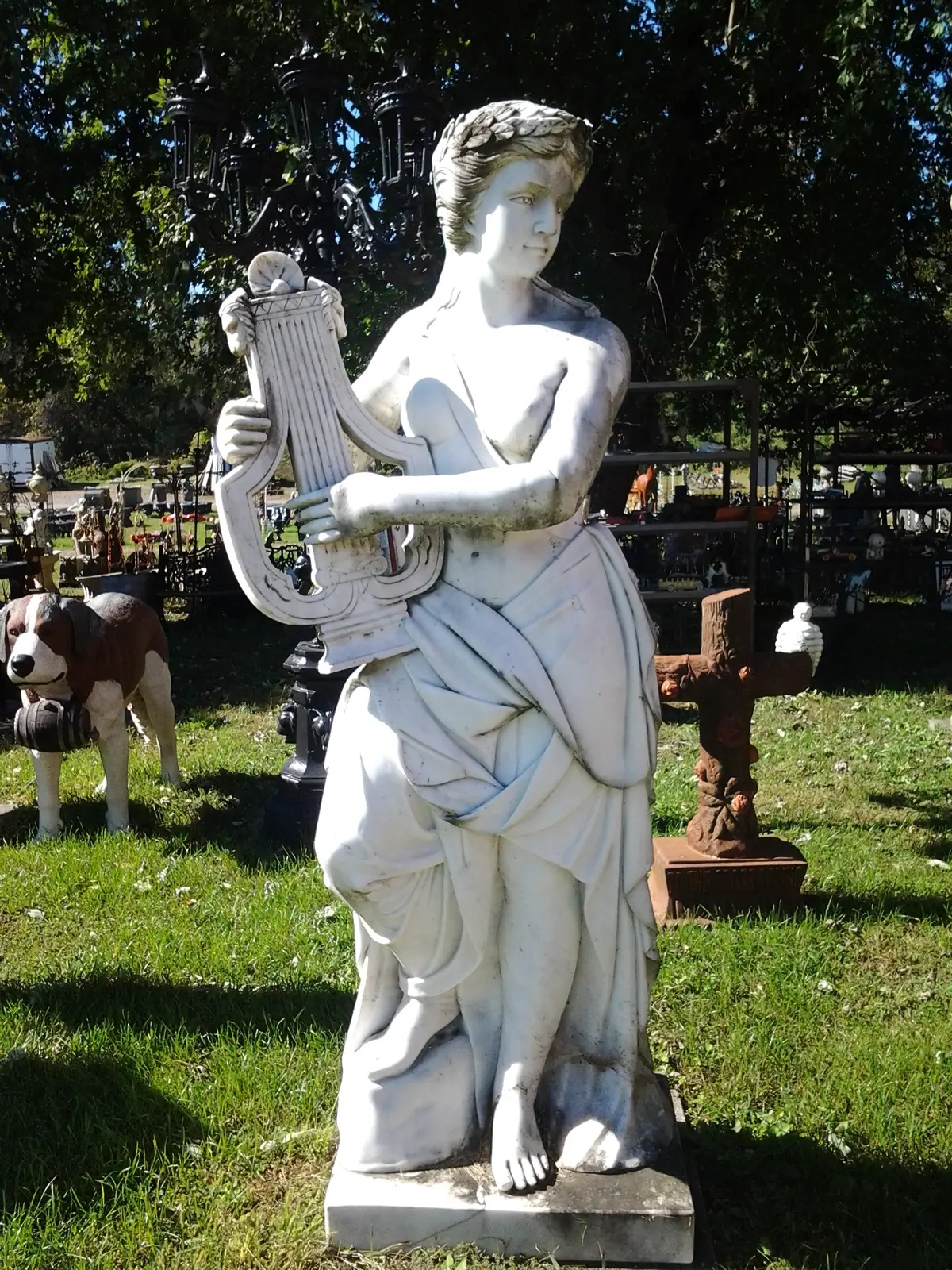 Marble Statue - Lady Play Harp Statue 2