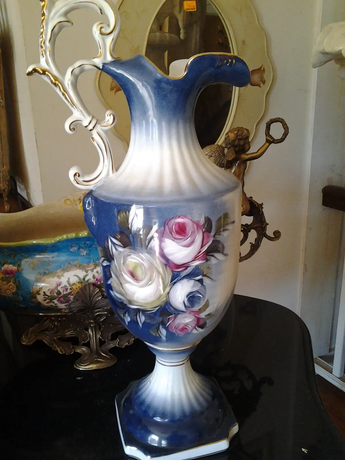 Porcelain - Blue Pitcher Vase W/ Flower Hand Painted 1