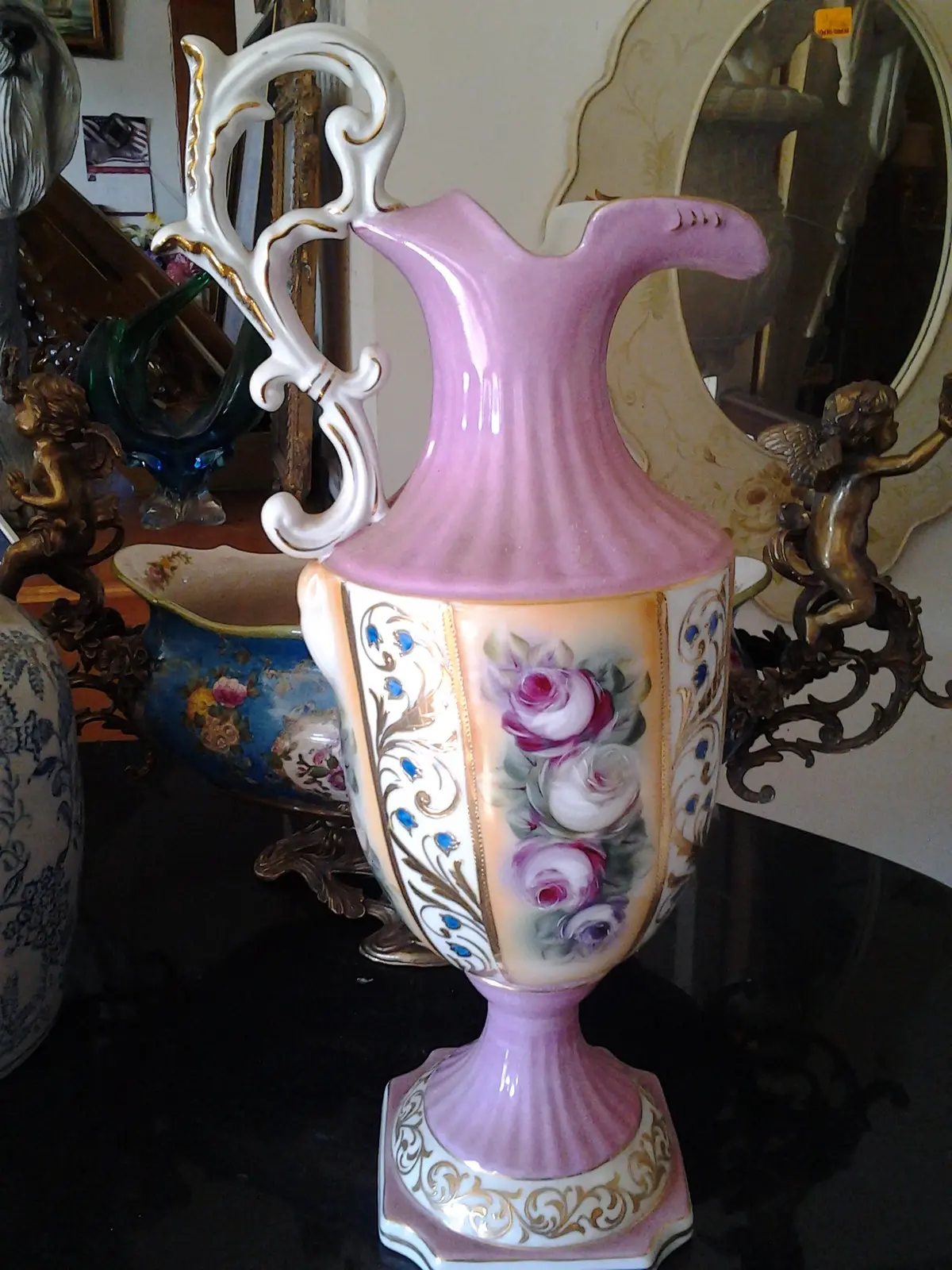 Porcelain - Pink Pitcher Vase W/ Flower Hand Painted 1