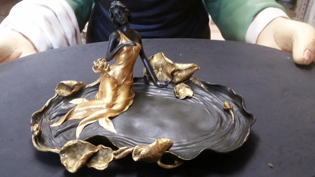Bronze Figurine - Ormolu Lady Dish W/ Gold Gilded 1