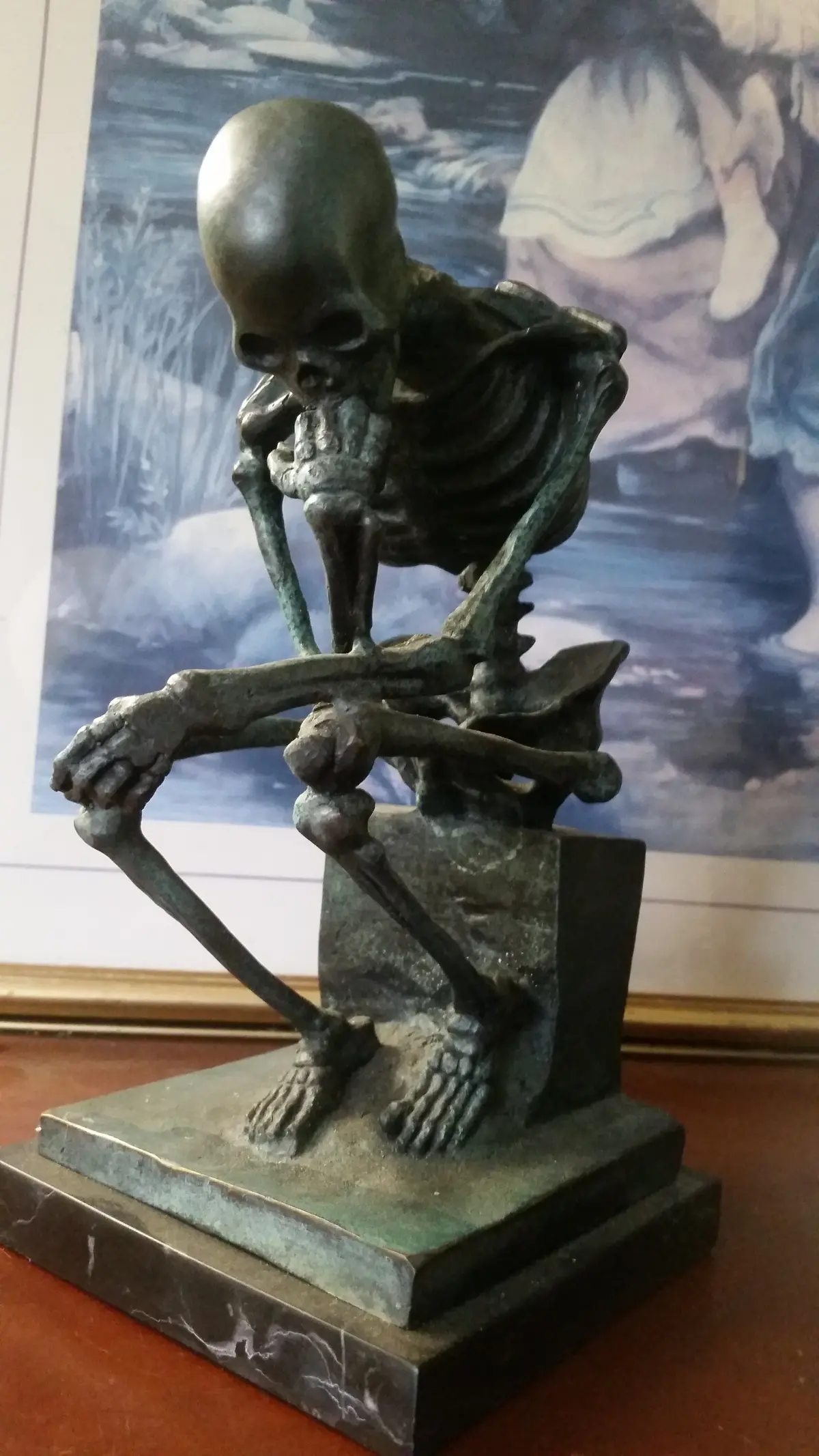 Bronze Figurine - Verde Green Thinking Skeleton On Marble Base 1
