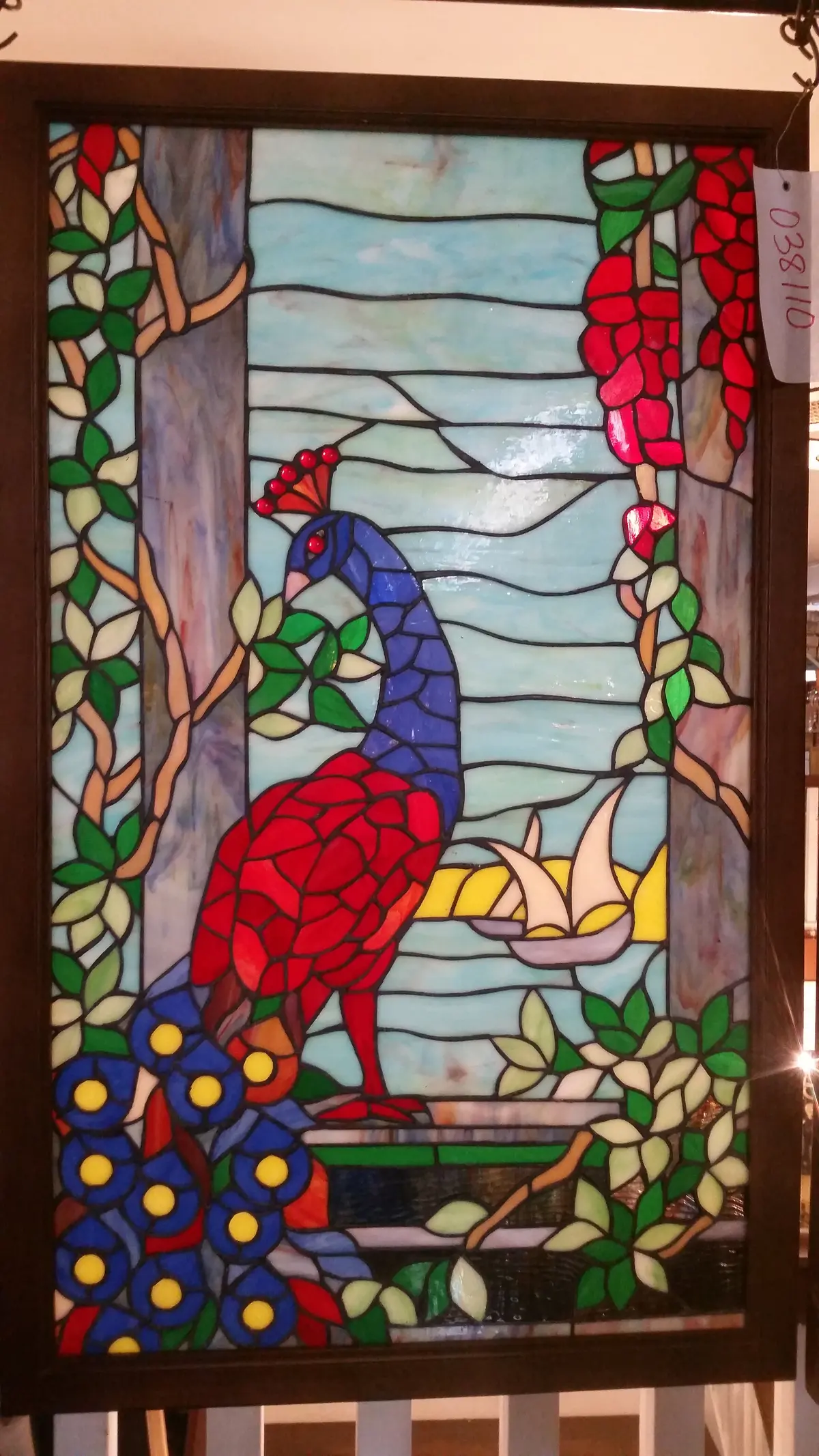 Glass Window - Stained Leaded Wood Frame Peacock Design 1