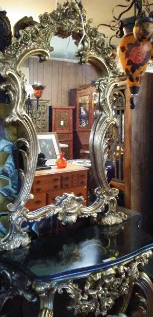 Louis Xv Mirror - Console With Black Marble Table Top 1