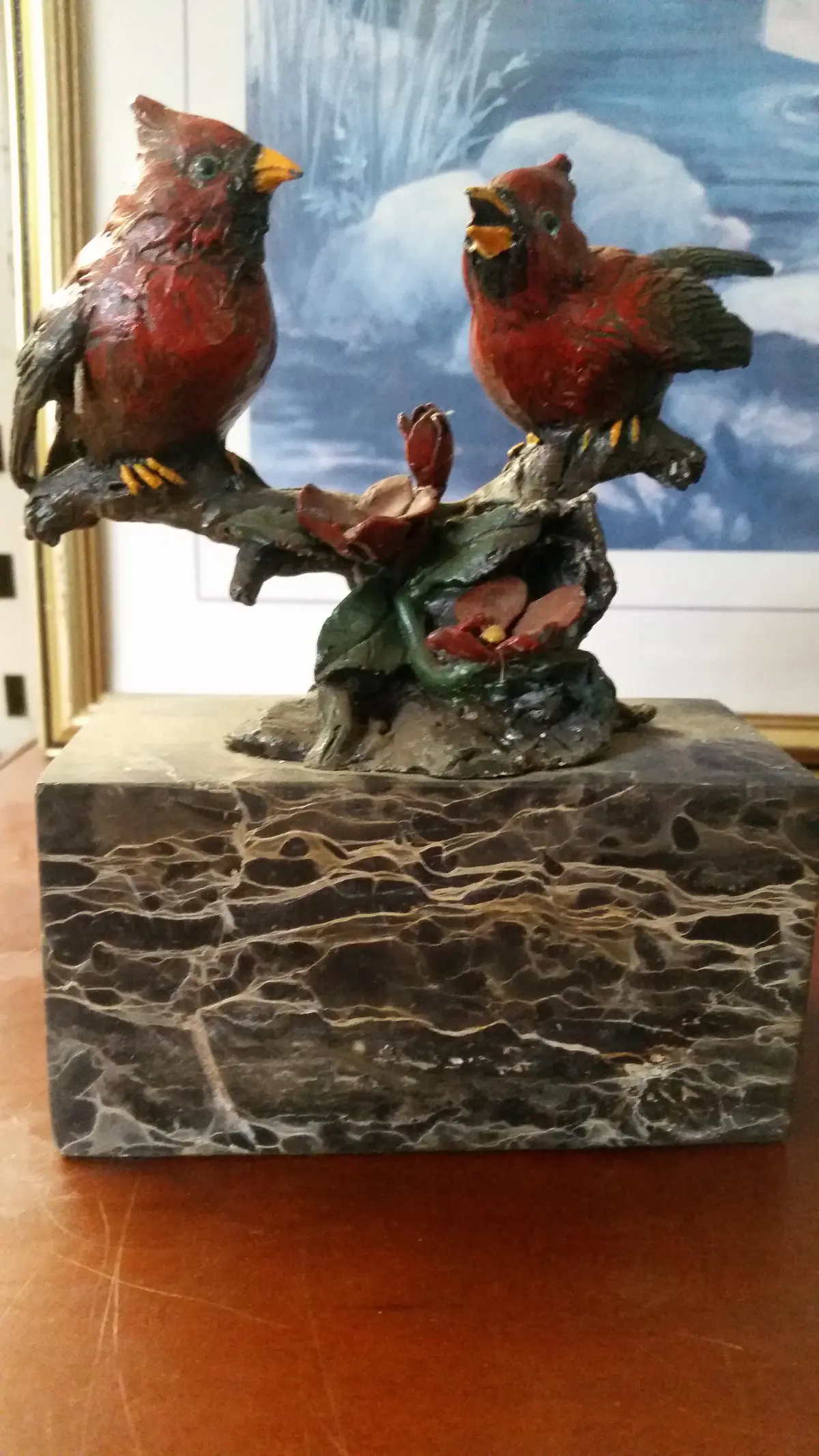 Bronze Figurine - Cardinal Birds On Marble 1