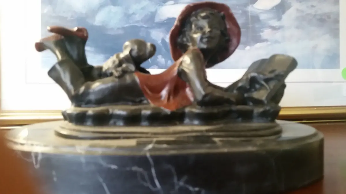 Bronze Figurine - Puppy On Reading Girl W/ Marble Base 1
