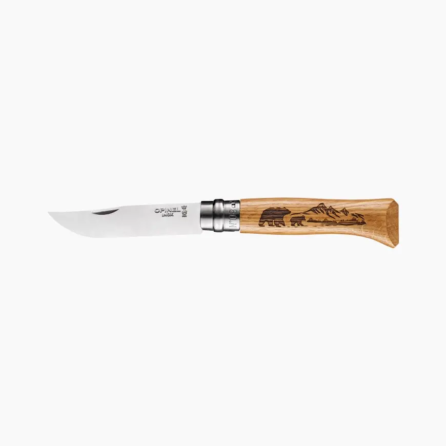 No.08 Oak Engraved Handle Folding Knife - Animalia - Bear 1