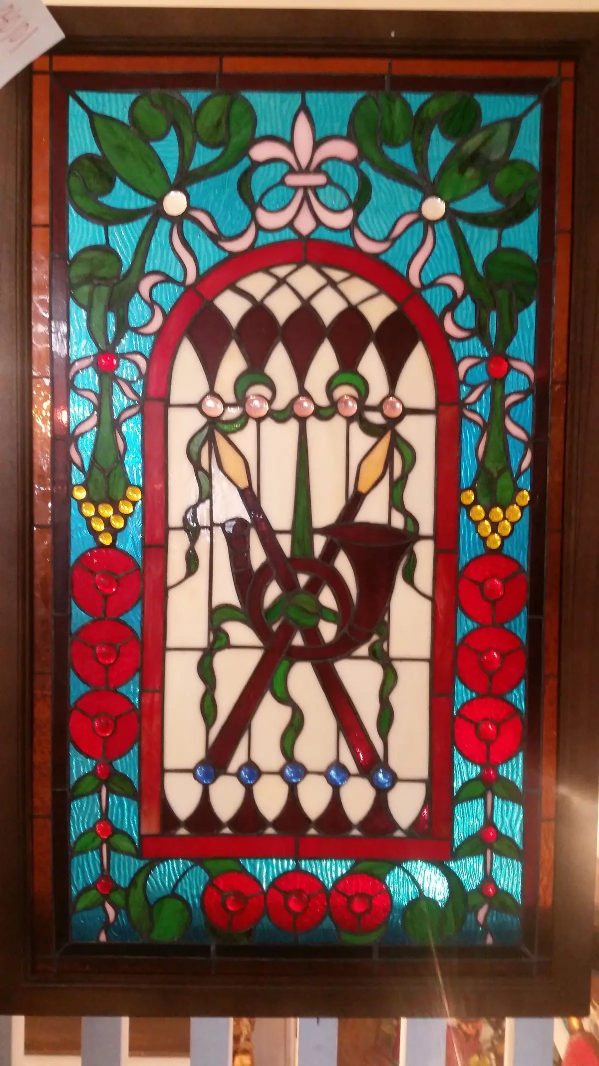 Glass Window - Stained Leaded Wood Frame Cross Spear W/ French Horn 1