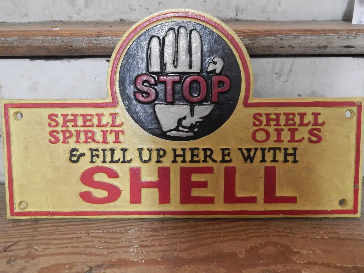 Cast Iron Sign - "Stop & Fill Up Here W/ Shell" 1