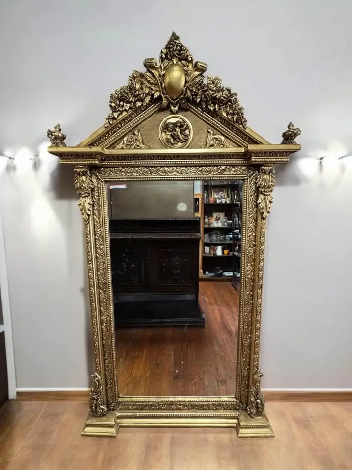 Grand Neoclassical Gold Gilt Mirror – Architectural Pediment Design With Cherubs & Laurel Detailing 1