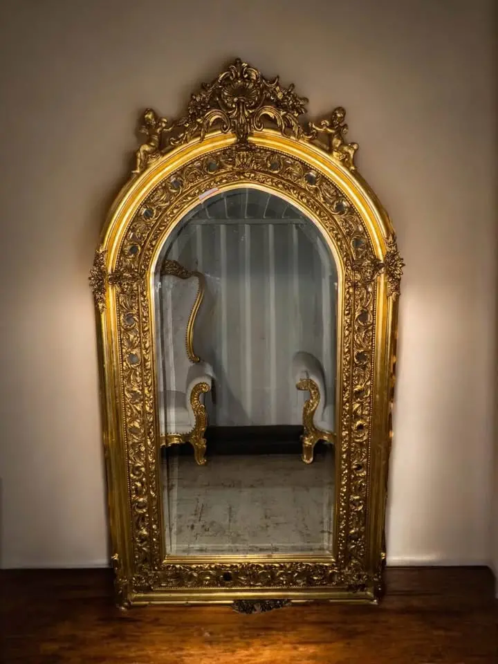 Palatial French Gilt Mirror With Cherubs & Rococo Flourish 1