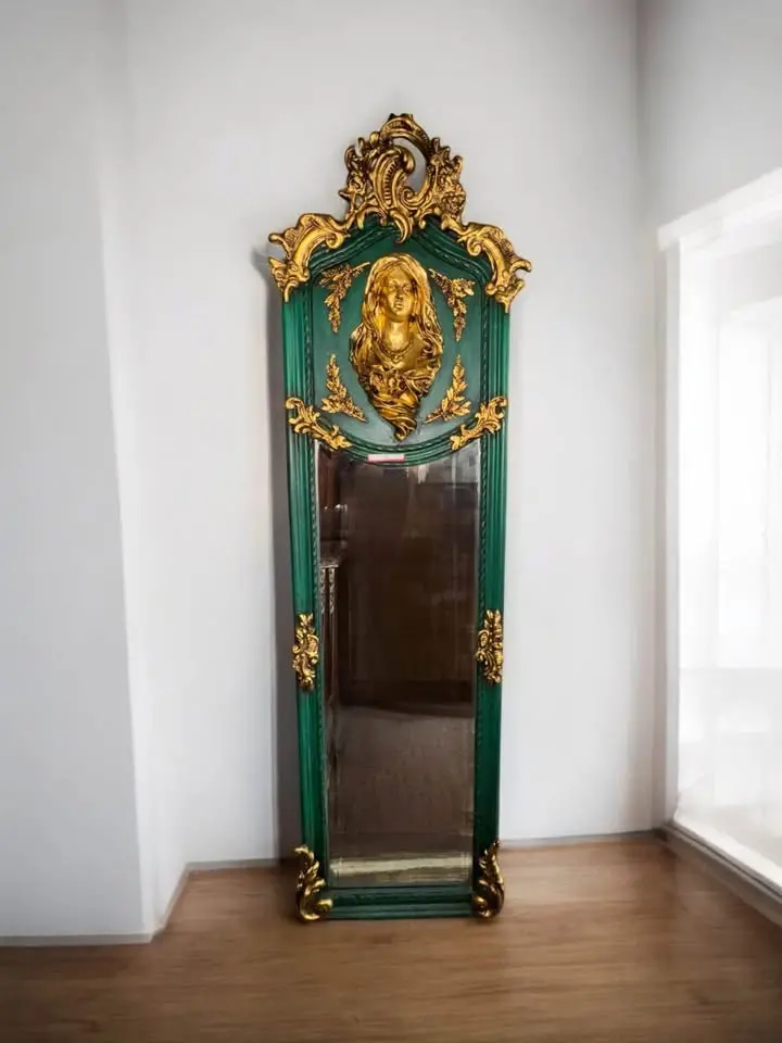 Emerald Green & Gold Gilt Figural Muse Mirror 1