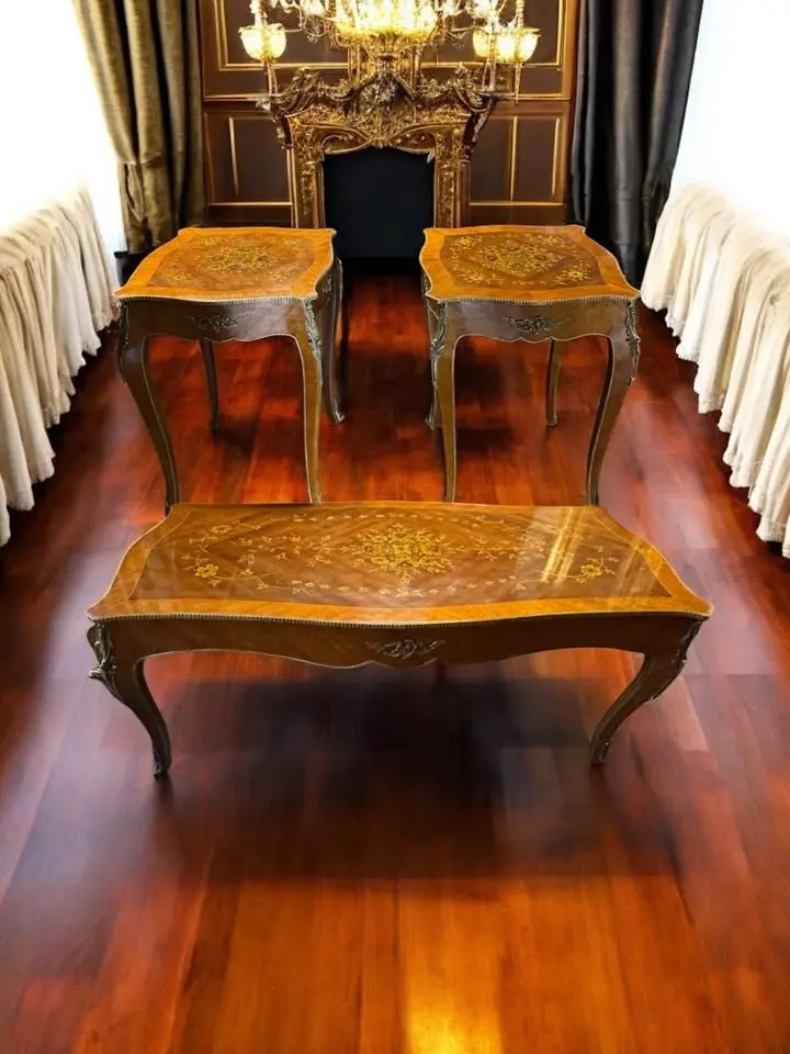 Exquisite French Inlaid Coffee & Side Table Set – Bronze Ormolu Accents 1