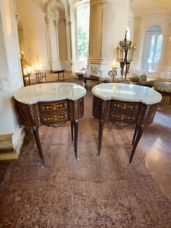Pair Of French Louis Xv Style Marble-Top Side Tables – Inlaid With Ormolu Detail 1