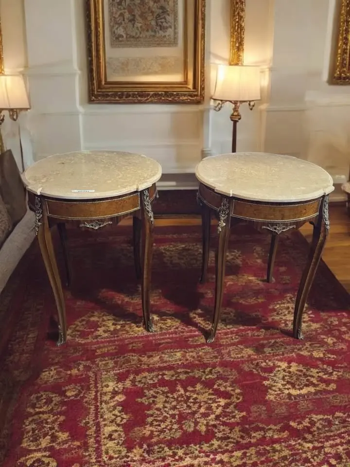 Pair Of Round French Marble-Top Side Tables – Bronze Ormolu Accents 1