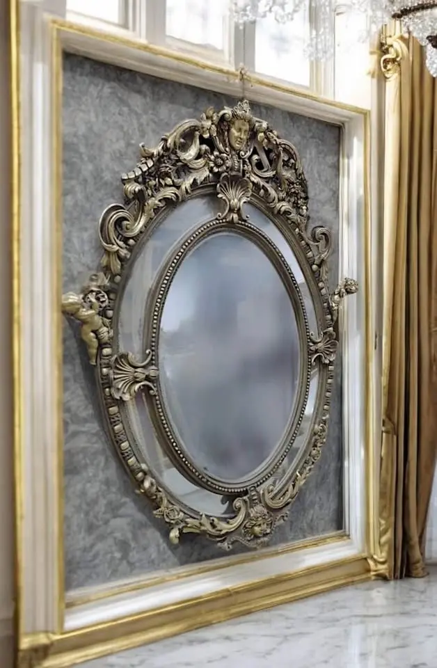 Monumental 8-Foot Gold Gilt Beveled Glass Mirror – Baroque Cherub & Masked Cartouche Frame 1
