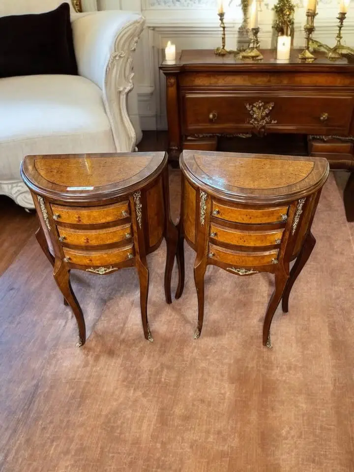 Pair Of French Demi-Lune Side Tables – Ormolu Trim With 3 Drawers 1