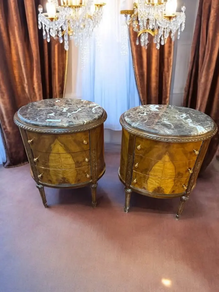 Pair Of Vintage Marble Top Inlaid Side Tables – French Louis Xvi Style 1