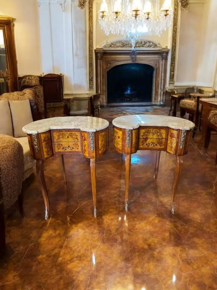 Pair Of Inlaid Marble Top Louis Xv Style Side Tables – Floral Marquetry, 30” Tall 1