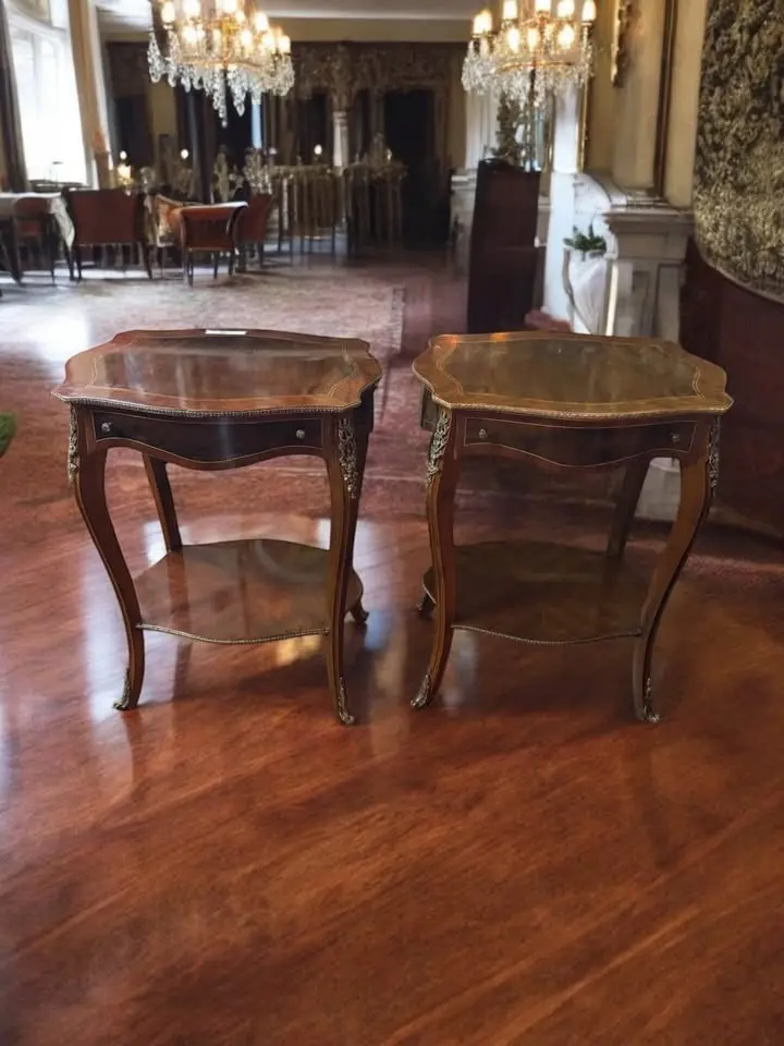 Pair Of Louis Xv Style Parquetry Inlaid Side Tables With Bronze 1