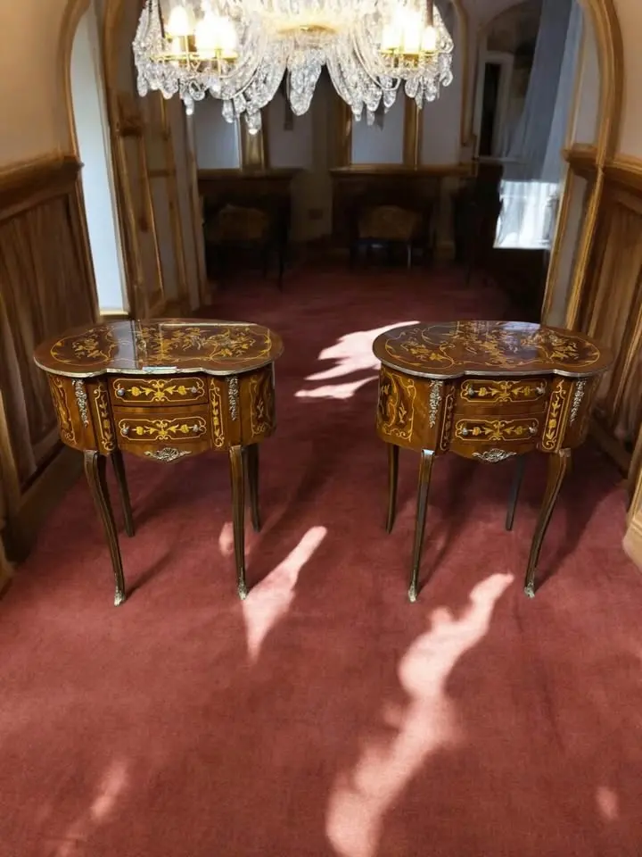 Pair Of Bombe Inlaid French Kidney Side Tables – Marquetry & Ormolu Accents, 30.5” Tall 1