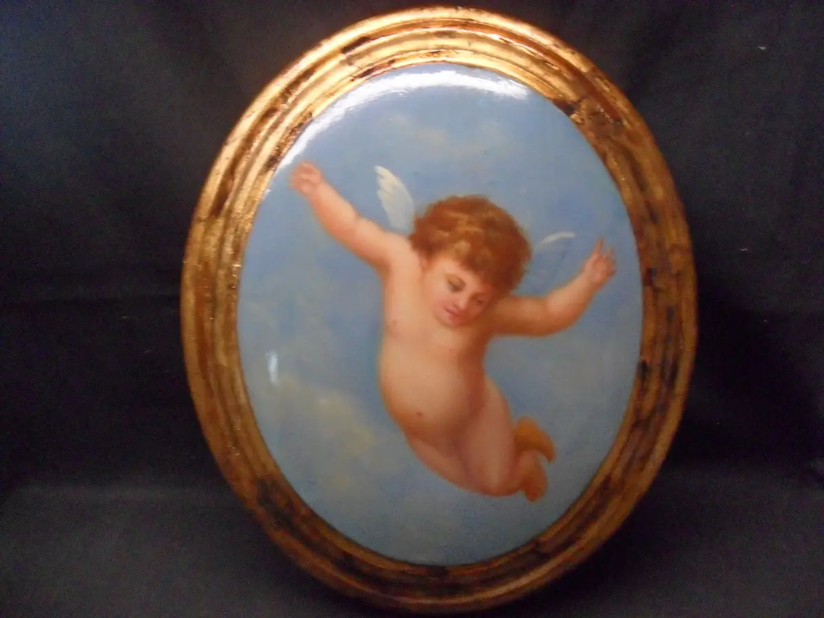 Wooden Oval Wall Plaque With Hand Painted Cherub 1