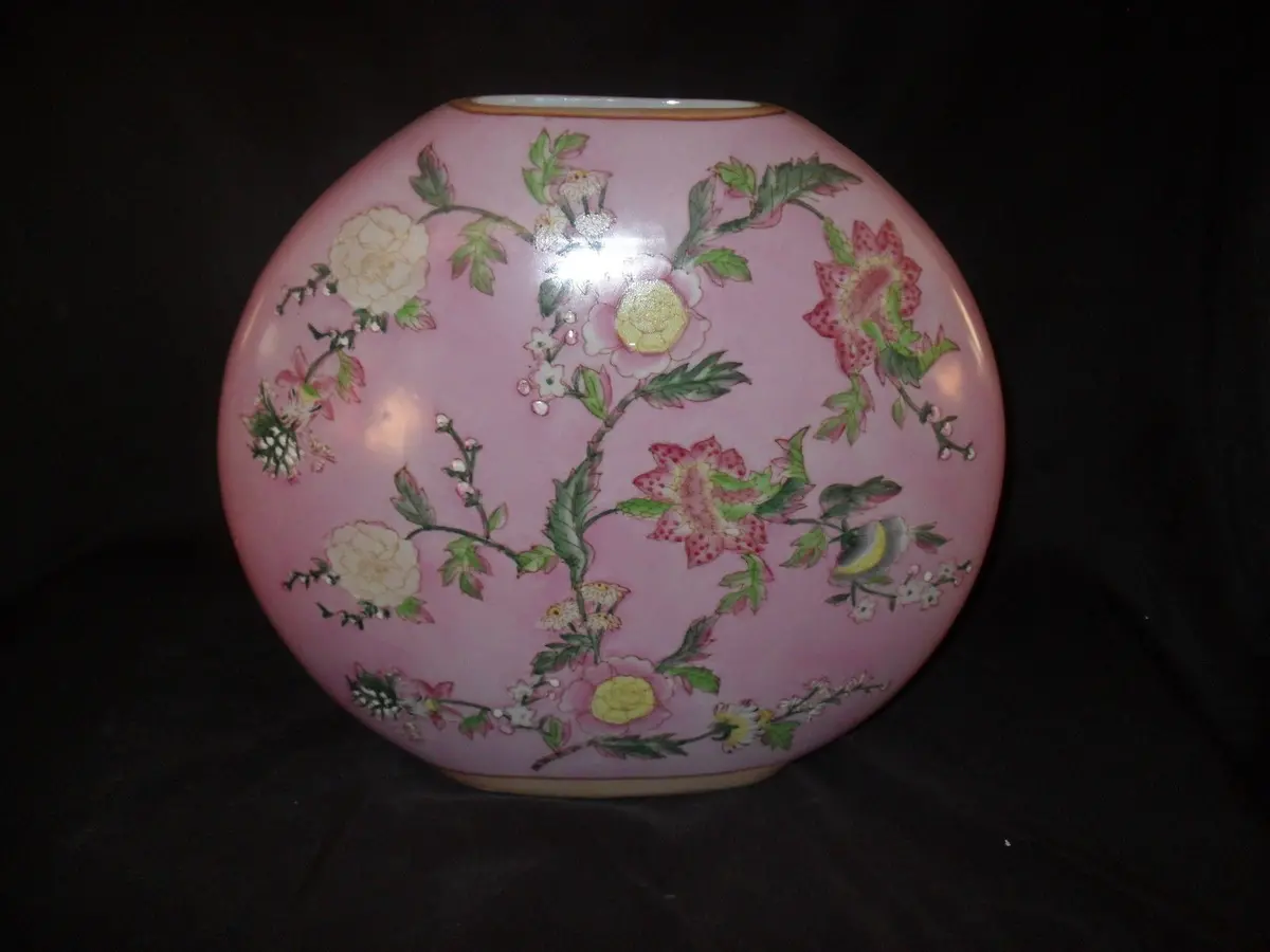 Porcelain - Pink Floral Painted Porcelain Moon Vase / Urn 1