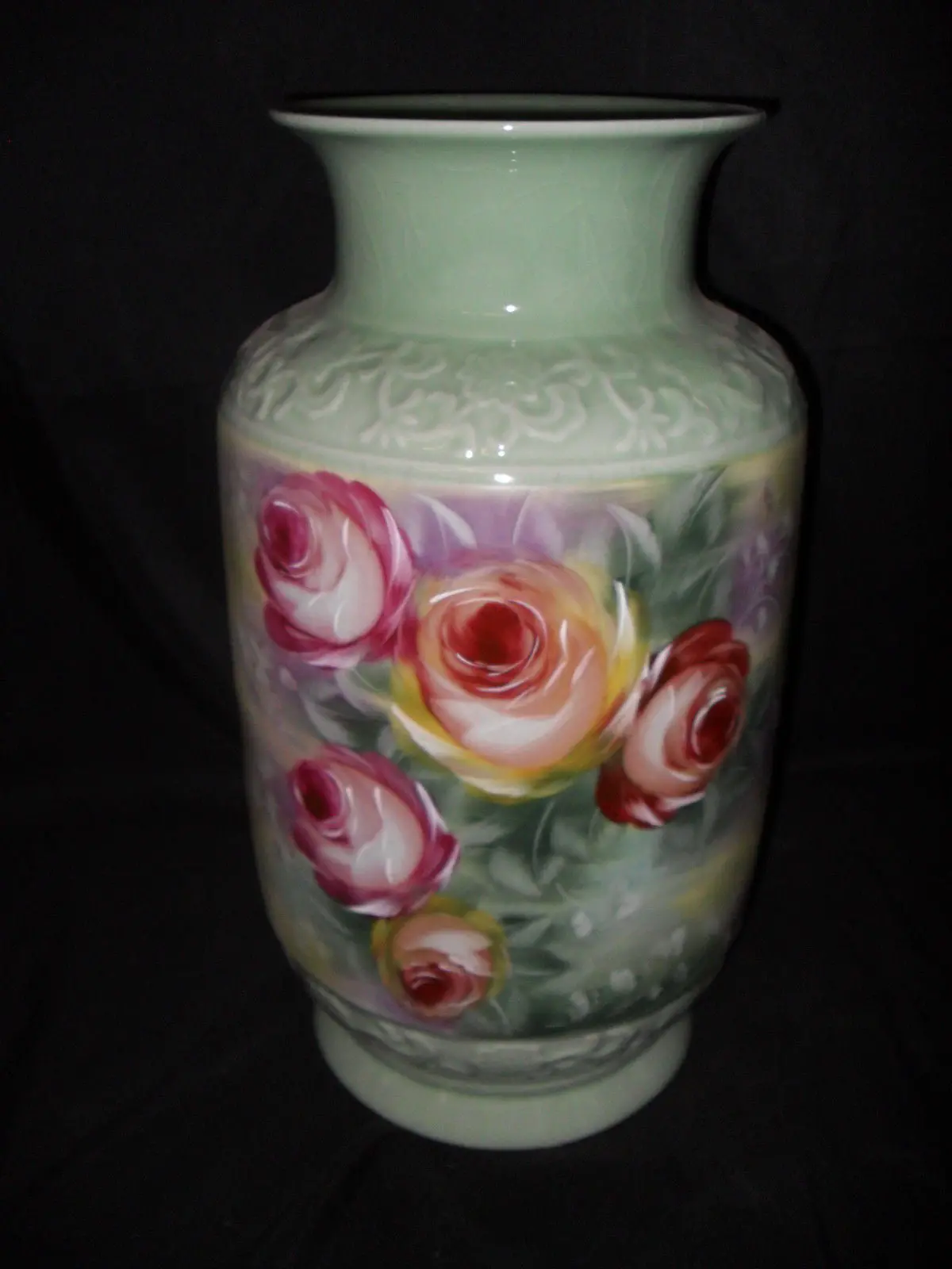 Porcelain - Vase Floral Painted W/ Crackle Finish / Raised Decorative Trim Umbrella Stand 1