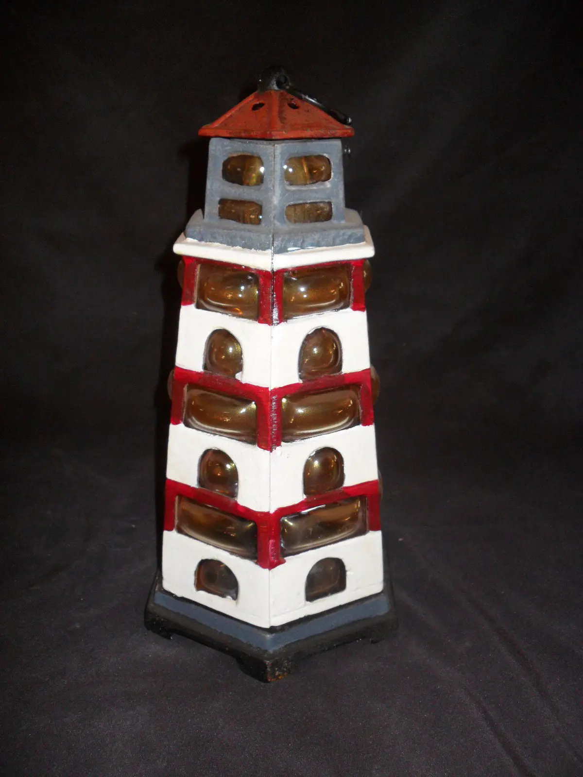 Light House Cast Iron Holder - Lighthouse Tea Light Holder With Colored Glass 1