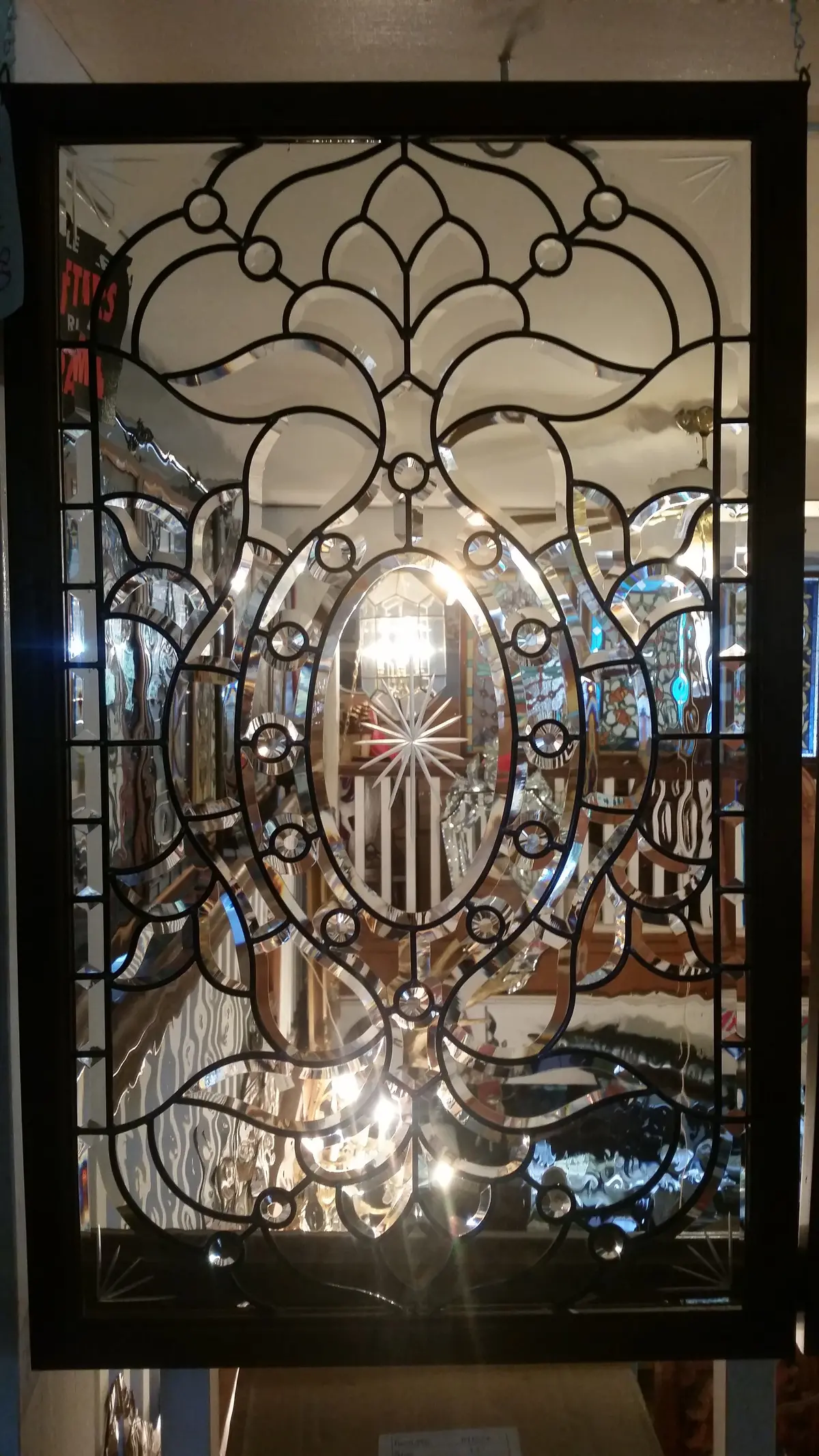 ﻿Glass Window - Stained Leaded Wood Frame Clear Glass W/ Beveled Edge Design 1