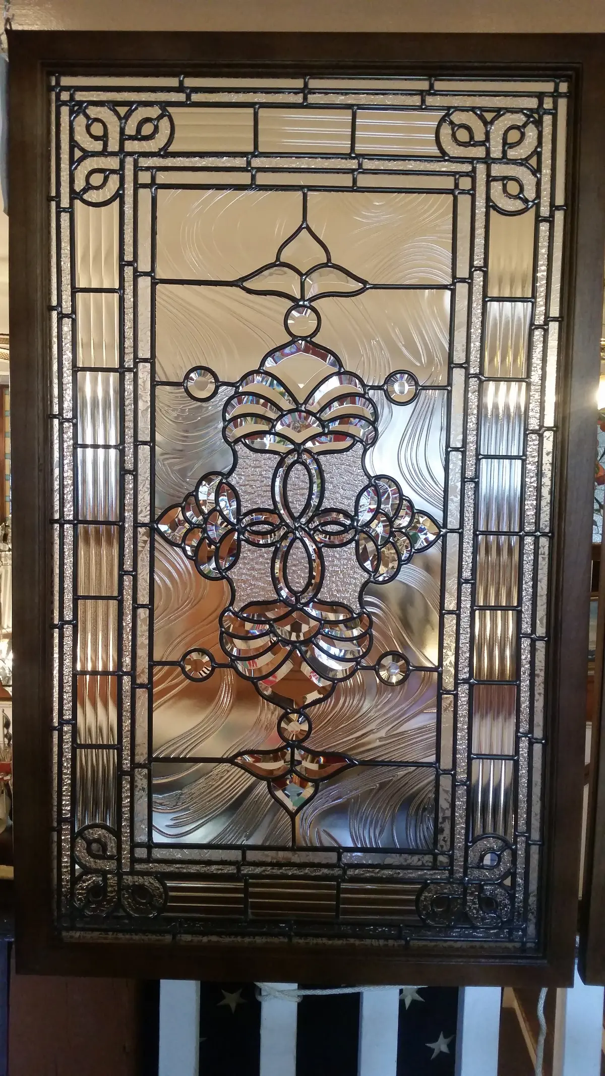 Glass Window - Stained Leaded Wood Frame Clear Glass W/ Geometry Beveled Design 1