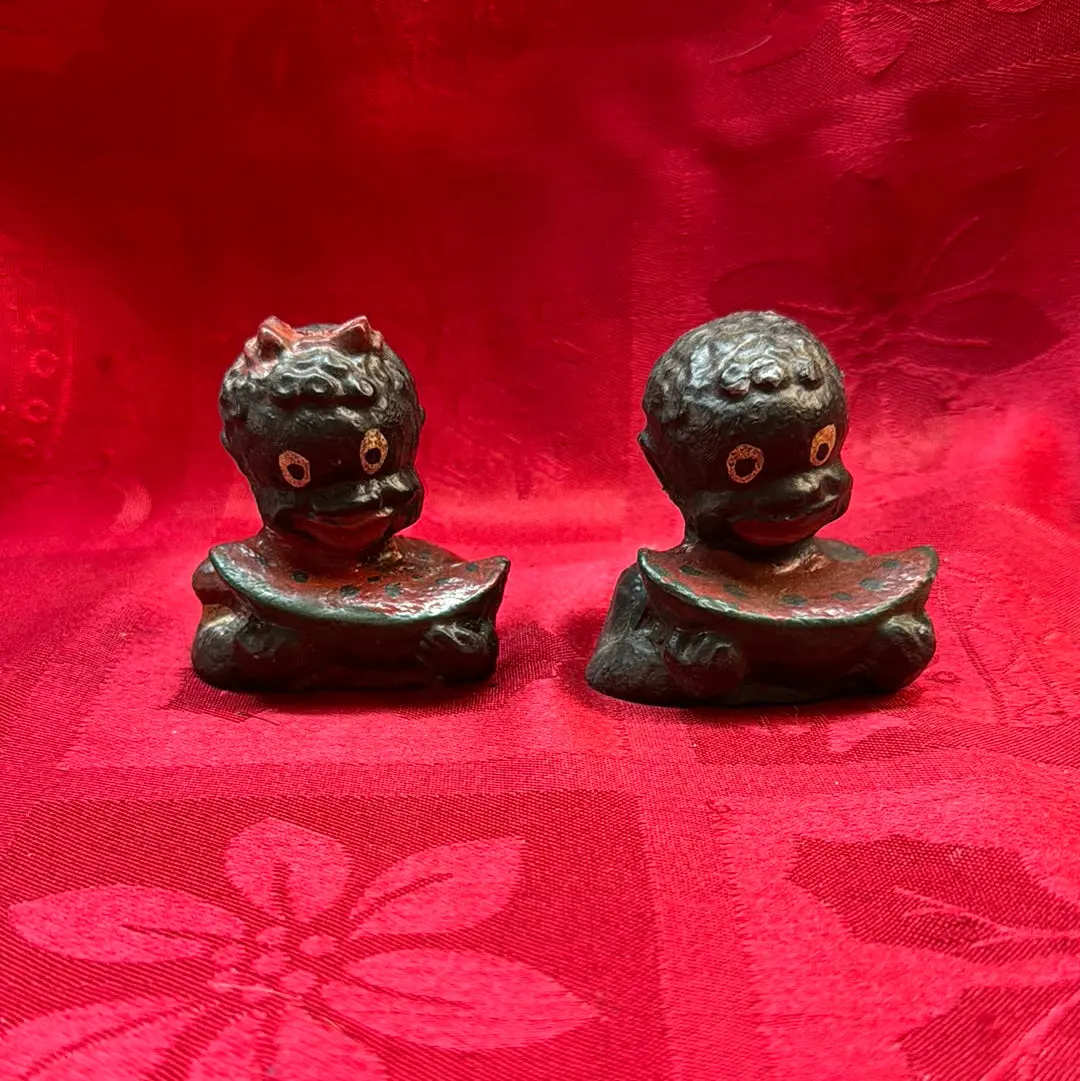 Lead Black Americana Watermelon Boy & Girl Paperweight Set 1