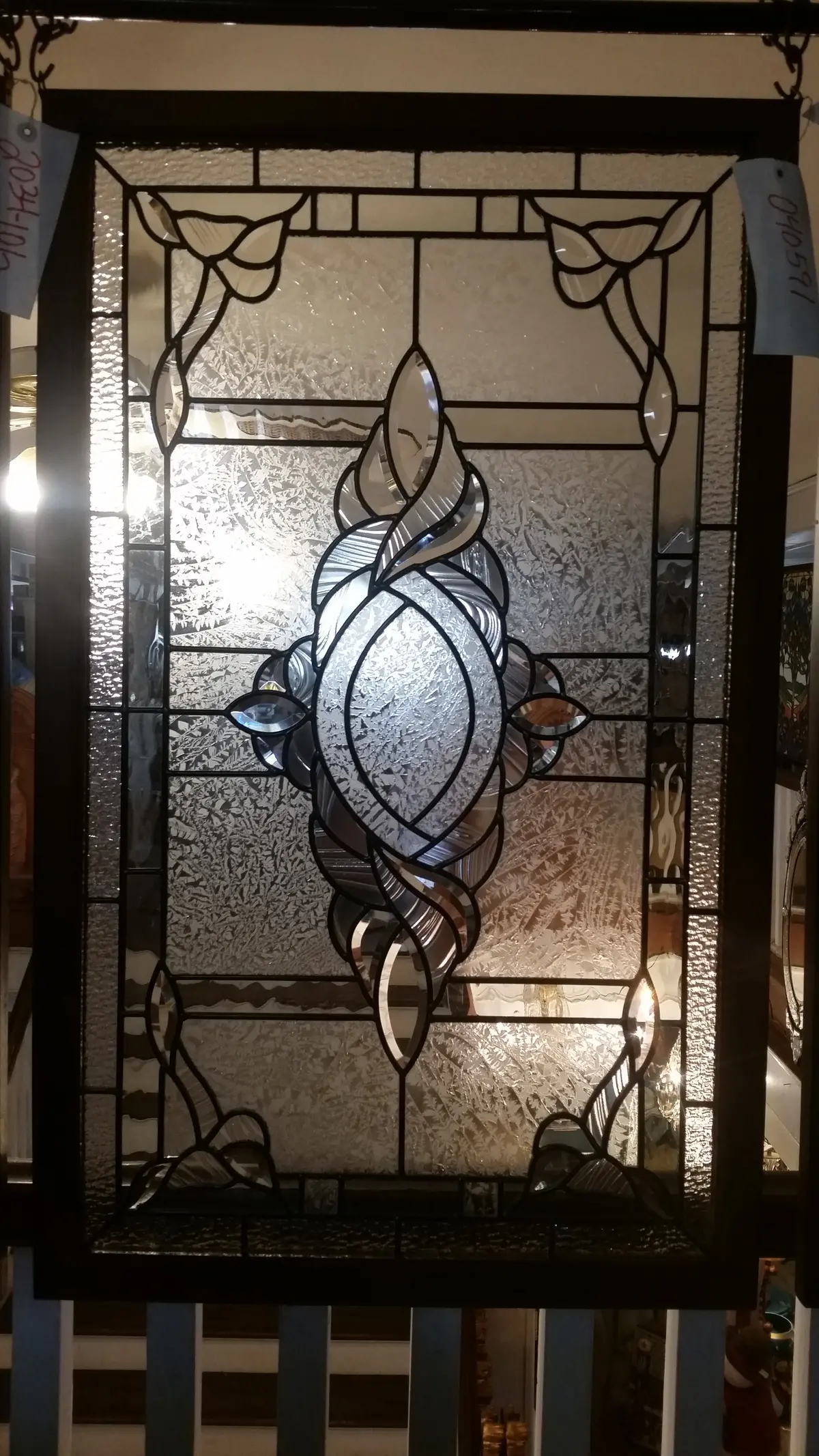 Glass Window - Stained Leaded Wood Frame Clear Glass W/ Twirl Beveled Design 1