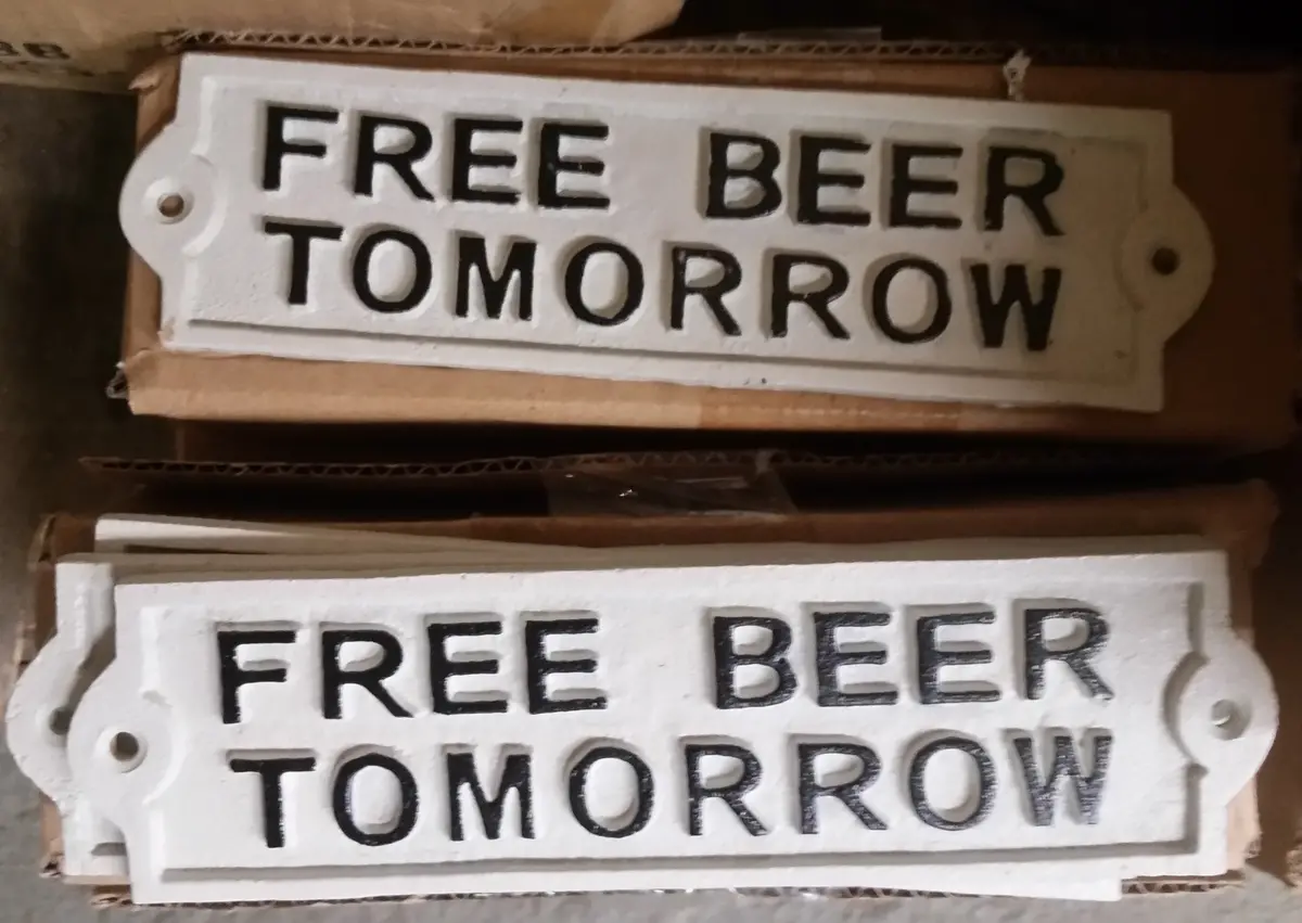 Cast Iron Sign - White Vintage "Free Beer Tomorrow" 1
