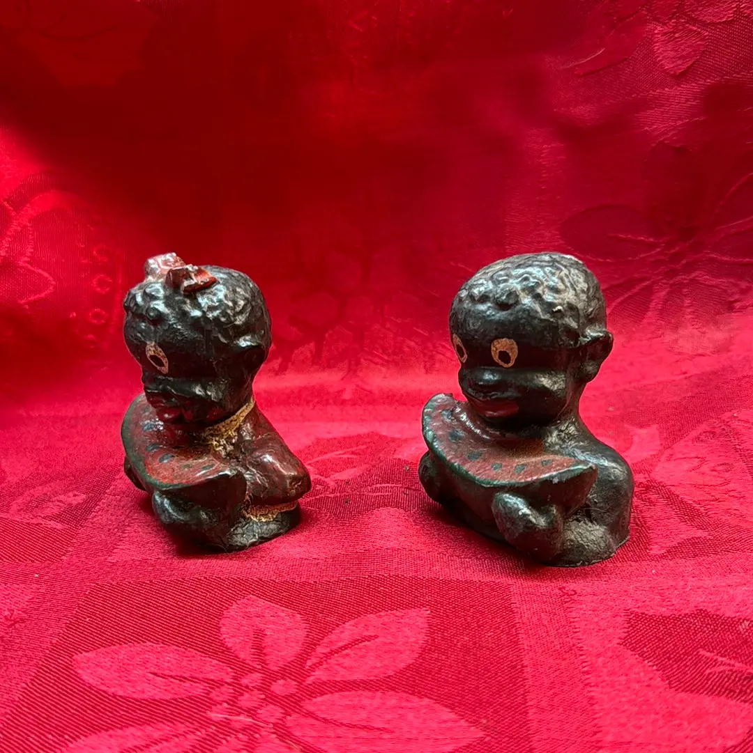 Lead Black Americana Watermelon Boy & Girl Paperweight Set 2