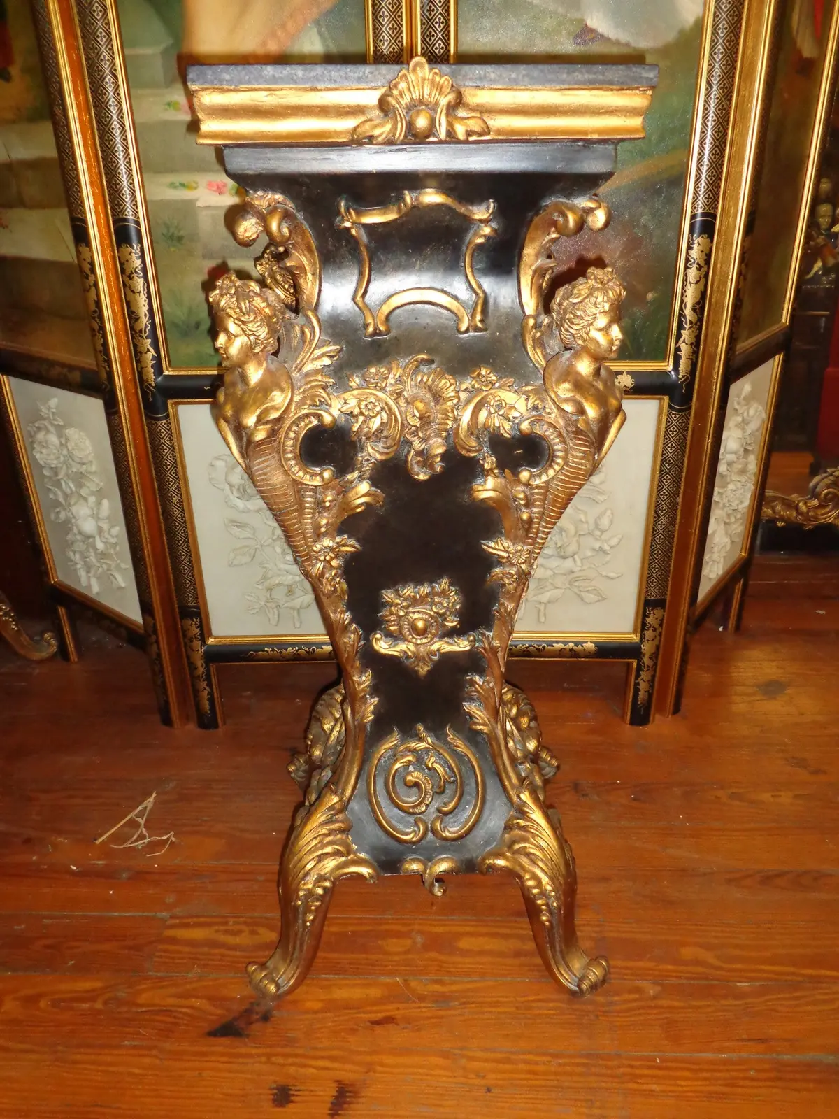 French Louis Xv - Pair Black Marble Top Pedestal Table W/ Gold Gilded 1