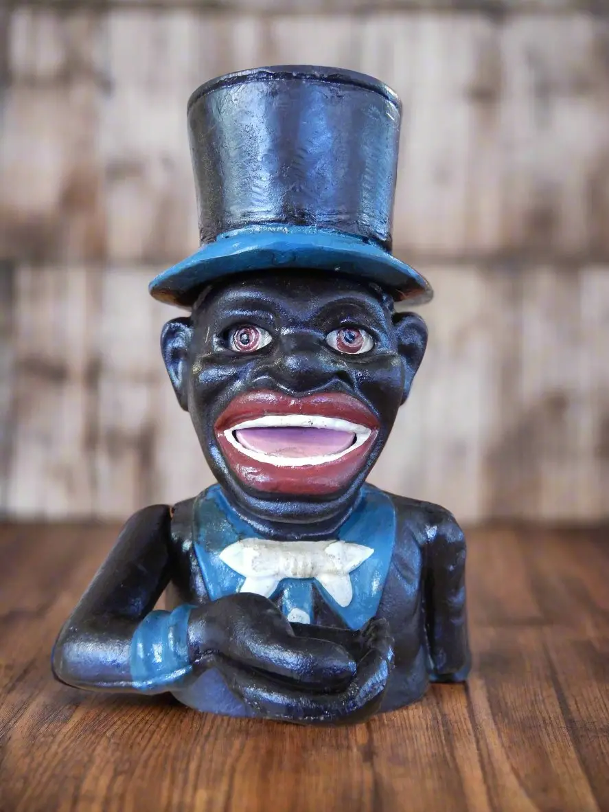Cast Iron Mechanical Bank - Blue Suit Black Americana Man With Top Hat 1