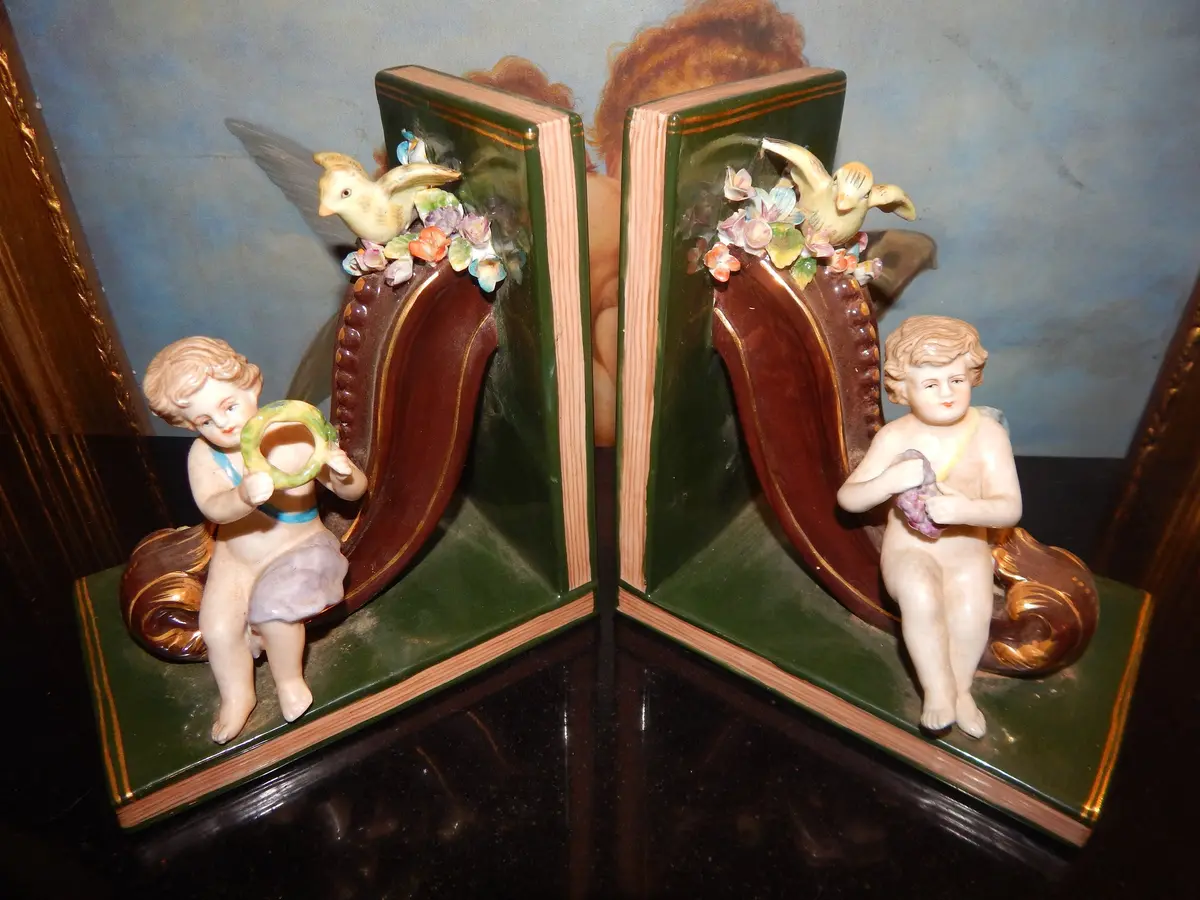 Porcelain Bookends - Pair Dresden Sitting Cherub 1