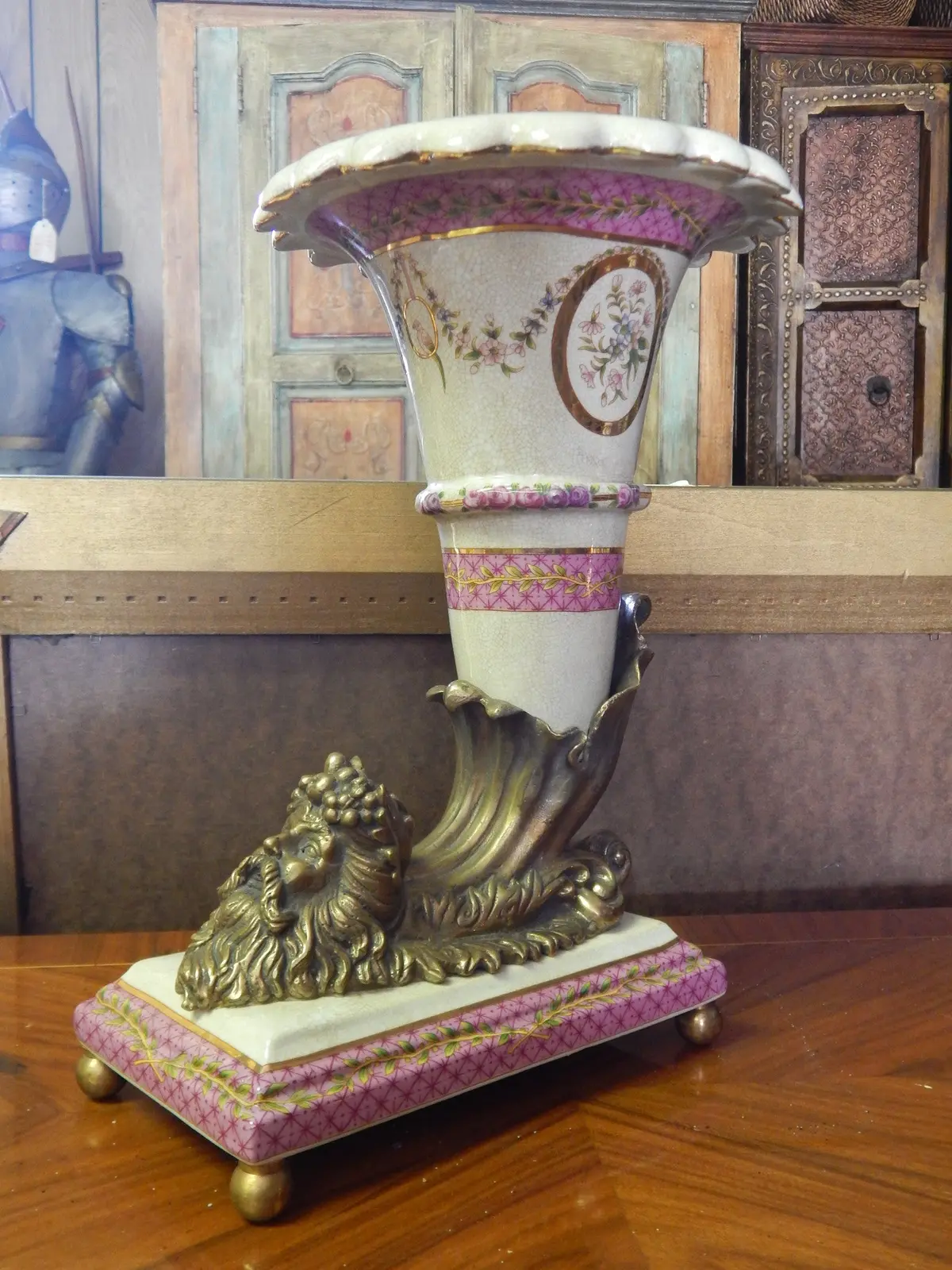 Sevres Porcelain- Pink Cornucopia Vase French W/Gilt Bronze Ormolu God/Neptune 1