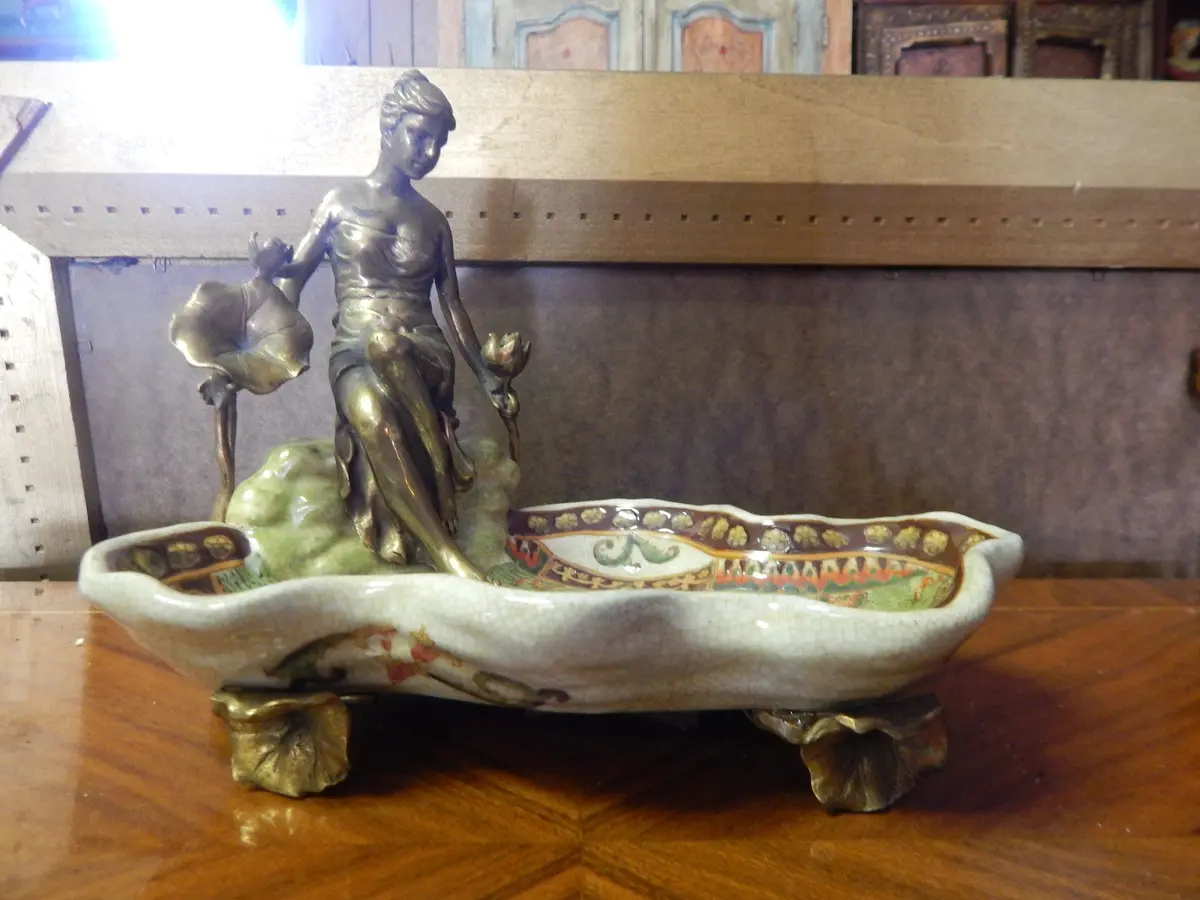 Sevres Porcelain - Green Dish French  W/ Gilt Bronze Ormolu Lady Sitting 1