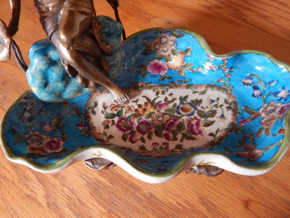 Sevres Porcelain - Blue Dish French  W/ Gilt Bronze Ormolu Lady Sitting 1